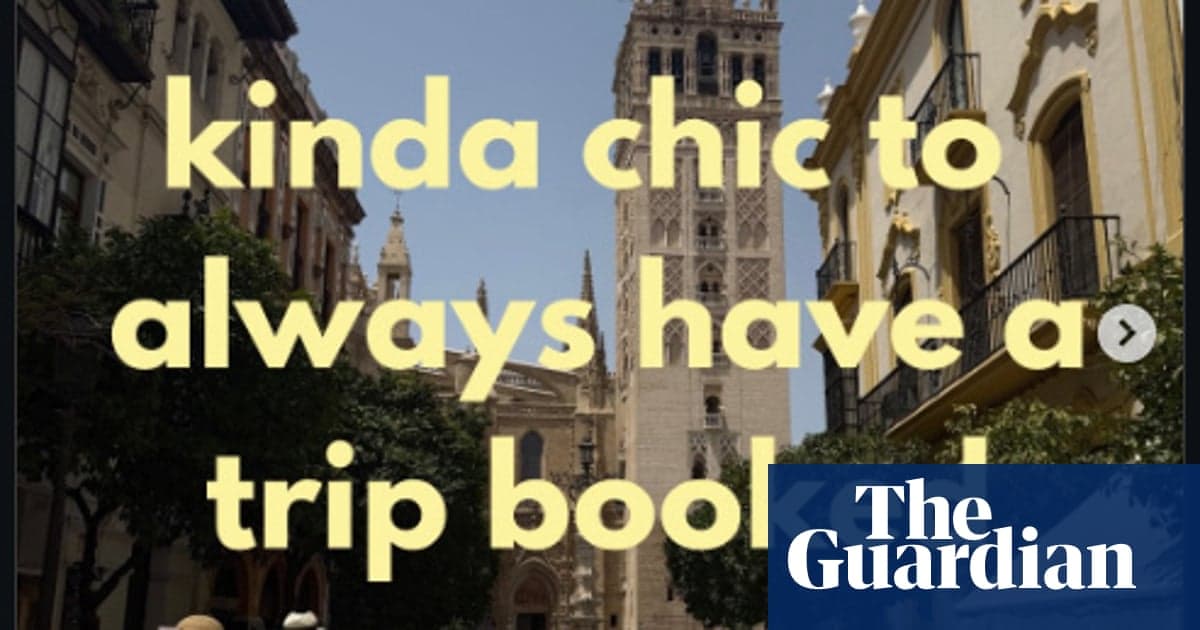 A picturesque European street scene with historic architecture and a cathedral tower in the background, overlaid with large yellow text reading "kinda chic to always have a trip bool."
