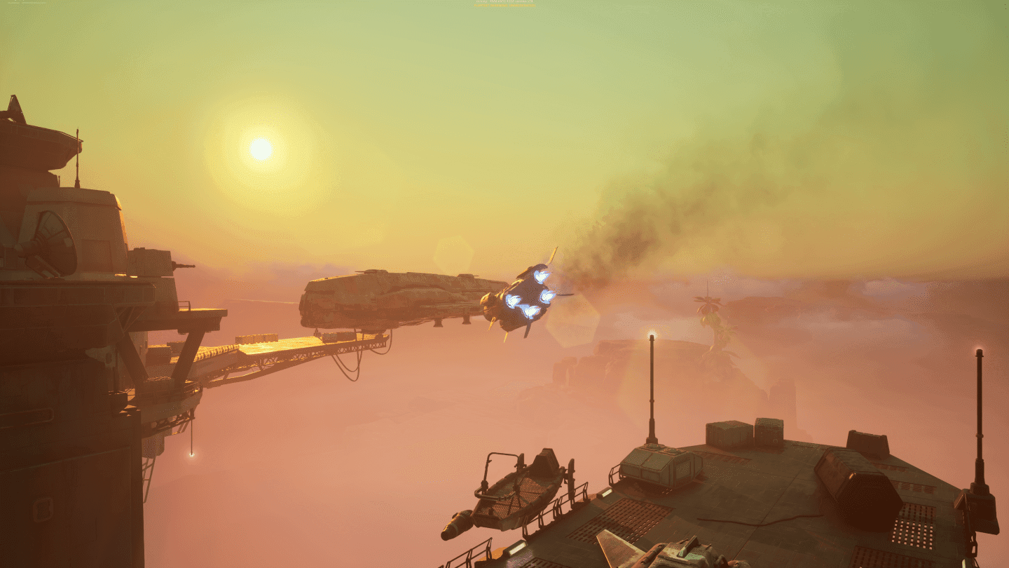 A stylized video game scene showing a spacecraft with glowing blue engines flying over a desert landscape with futuristic structures and dust clouds at sunset.