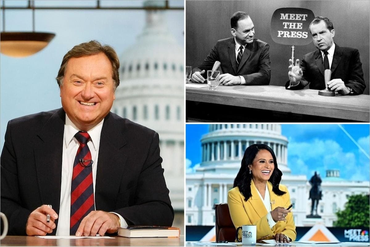 A collage showing three images: on the left, a man in a dark suit with a red tie smiling at a desk with the U.S. Capitol dome visible in the background; top right, a black-and-white vintage image of two men in suits at a table with a "MEET THE PRESS" speech bubble; bottom right, a woman in a bright yellow blazer gesturing while speaking, with the Capitol building visible behind her.