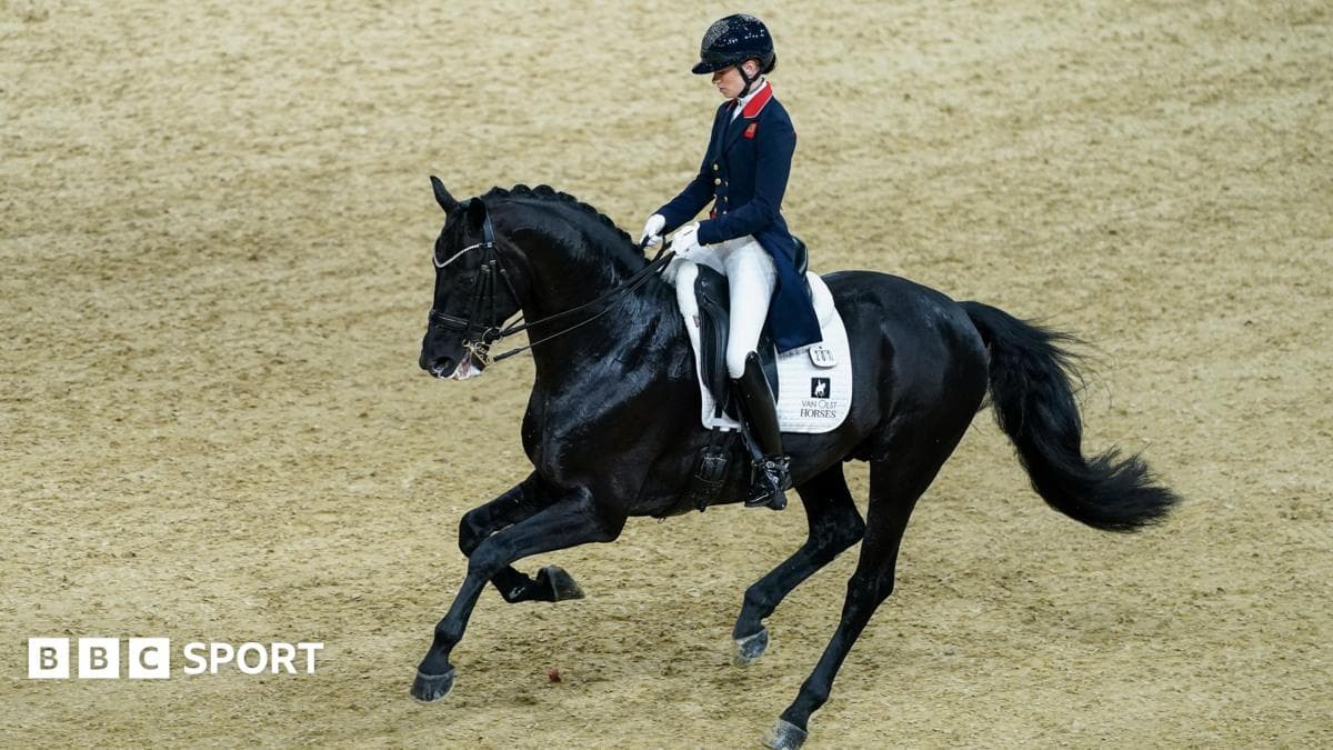 A rider in a dark blue jacket and helmet sits atop a black horse performing dressage in a sandy arena.