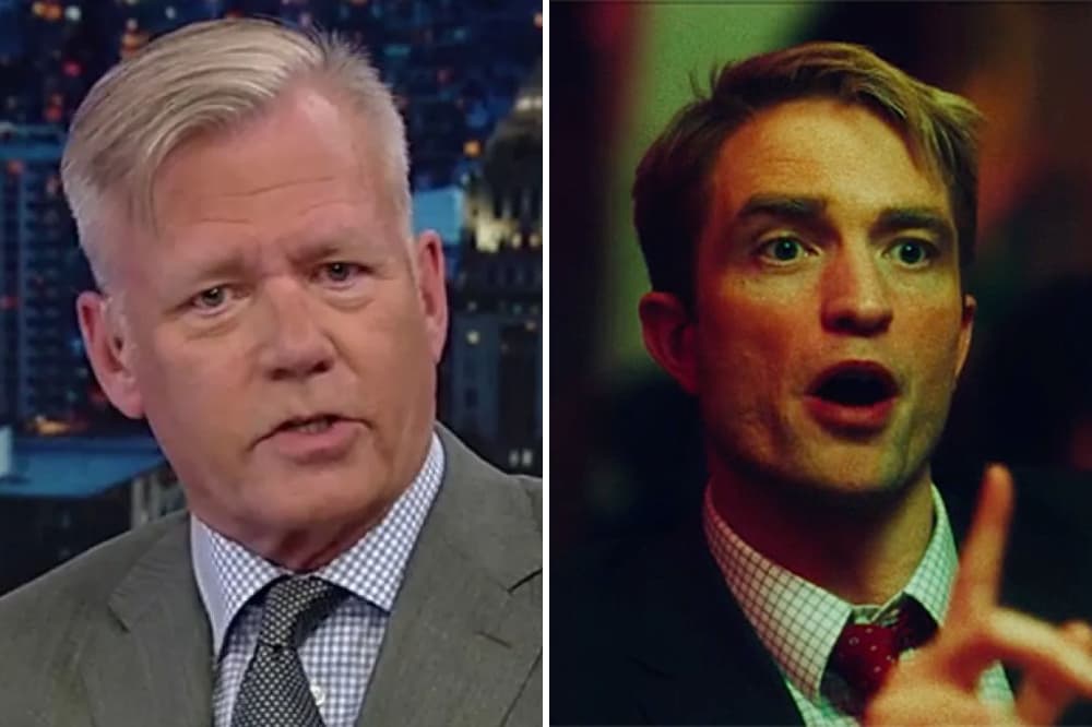 Two side-by-side photographs showing a man in a gray suit with a blue checkered shirt during what appears to be a TV interview on the left, and the same man in a green-tinted scene from a film on the right.