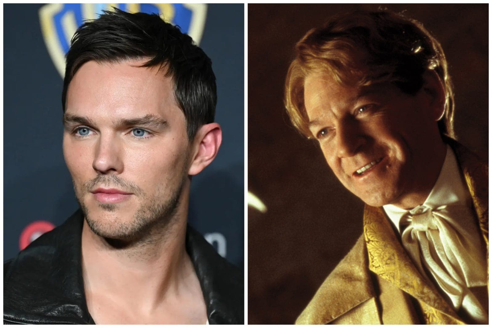 Side-by-side comparison showing a modern photograph of a man with dark hair on the left and a character portrait from a film in a golden outfit on the right.