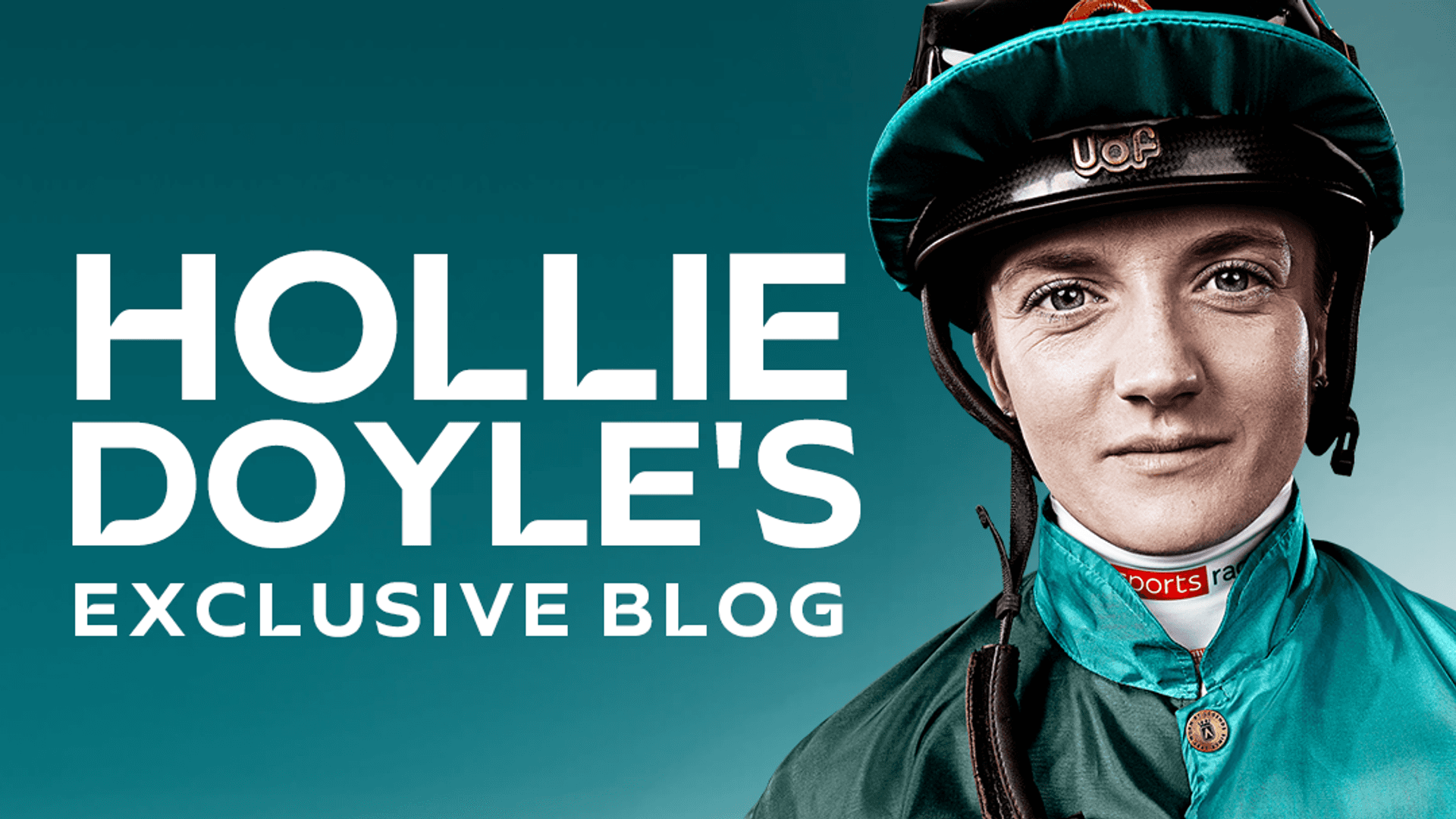 A jockey wearing a black helmet with turquoise trim and a turquoise and black jacket poses against a teal background.
