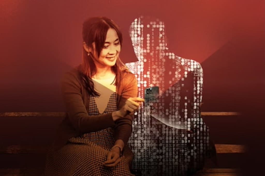 A woman in a checkered dress and brown cardigan sits against a red background, reaching toward a pixelated digital figure made of white lights.