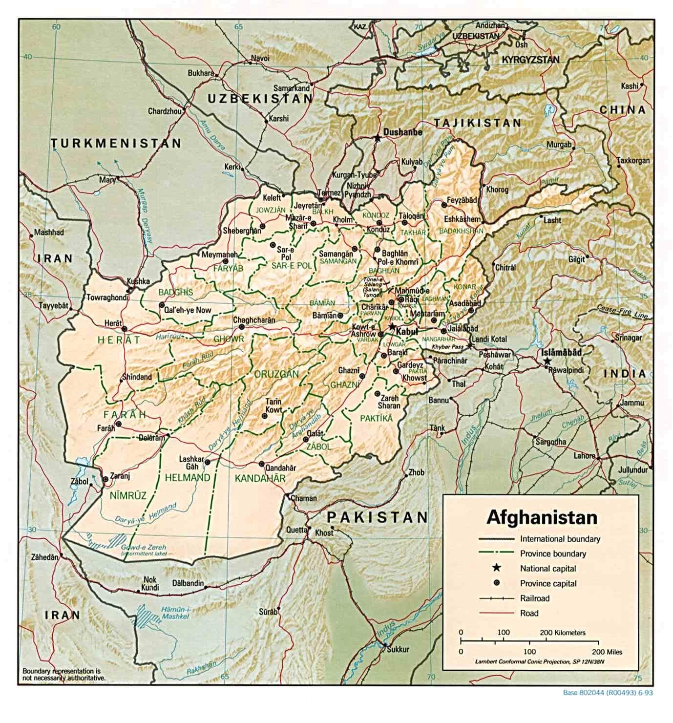 A political map of Afghanistan showing international boundaries, province boundaries, major cities, roads, and railroads, with neighboring countries Iran, Turkmenistan, Uzbekistan, Tajikistan, Kyrgyzstan, China, and Pakistan labeled.