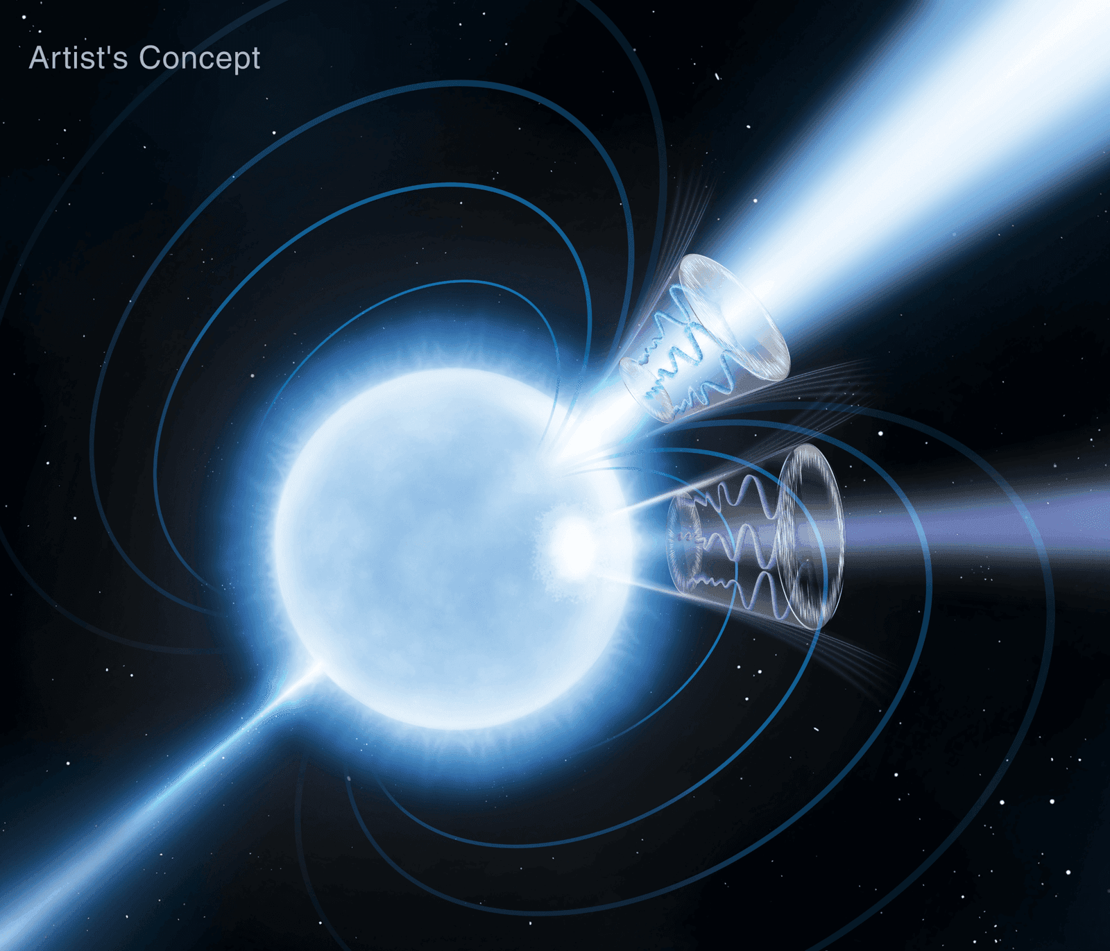 An artist's illustration of a glowing blue neutron star with cone-shaped jets of energy beaming outward and concentric circular lines representing its magnetic field against a starry background.