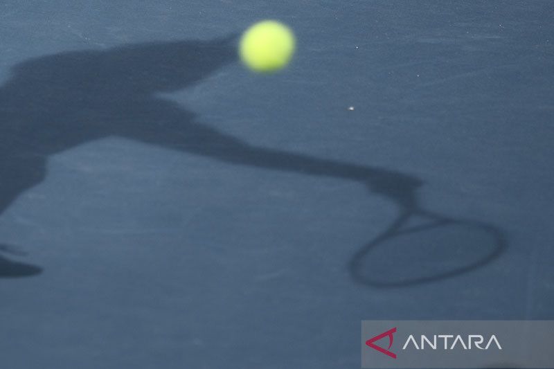 Seorang pemain tenis memukul bola kuning di atas lapangan tenis berwarna biru, terlihat bayangan pemain dan raket di permukaan lapangan.